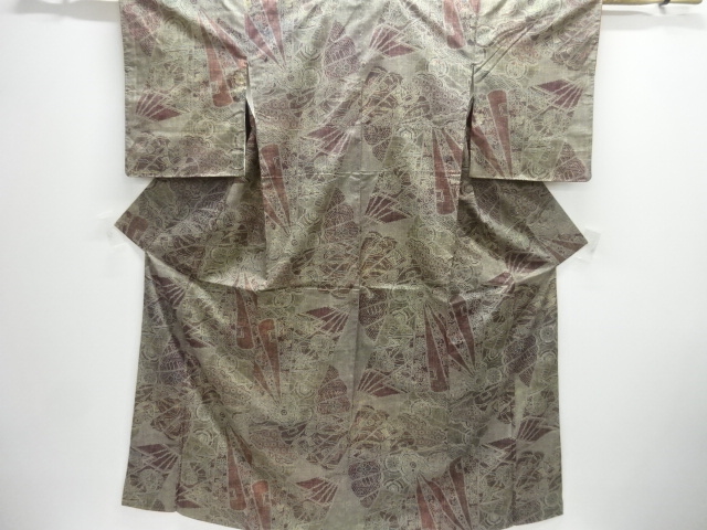 JAPANESE KIMONO / ANTIQUE KIMONO / SILK / OSHIMA TSUMUGI / DYED / FOLDING FAN & BUTTERFLY & FLOWERS